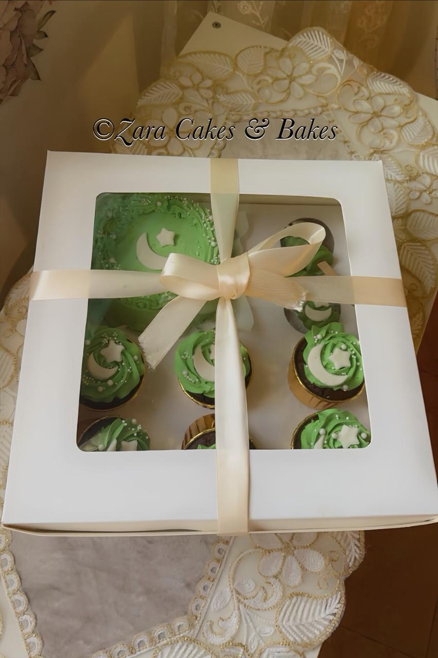 Green and white themed cupcake gift set with crescent moon decorations for national celebrations