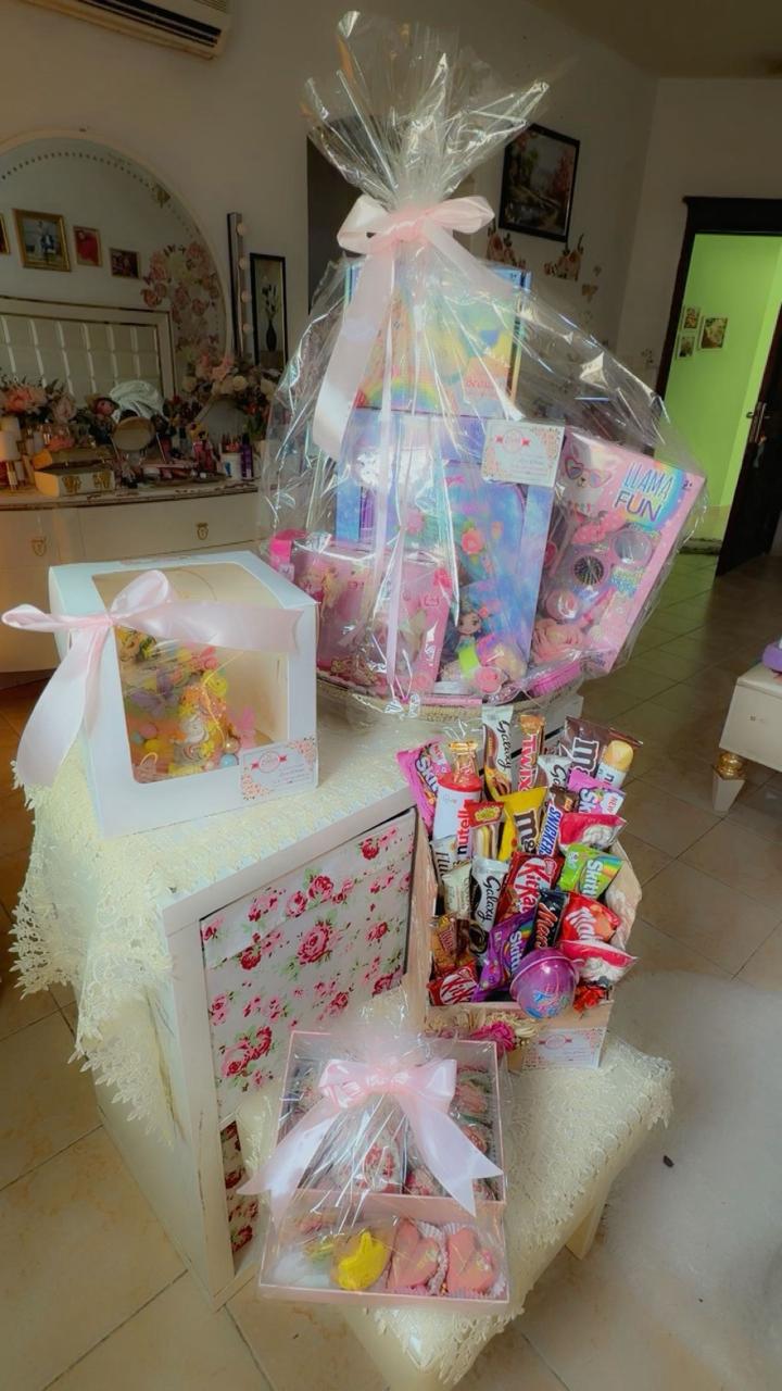 Luxurious kids gift basket with macarons chocolates and toys from Zara Cakes Riyadh